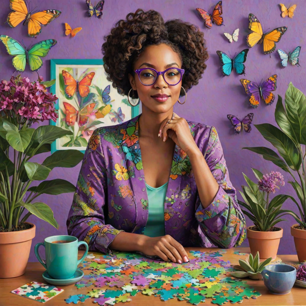 A vibrant and whimsical illustration of an african american woman sitting at a table working on a colorful jigsaw puzzle. she is wearing round glasses, and patterned clothing in shades of purple and green.  The background features an eclectic collection of framed butterflies, potted plants, and other natural elements, creating a warm and inviting atmosphere. The style is playful and modern, with rich textures, intricate details, and a lively color palette.