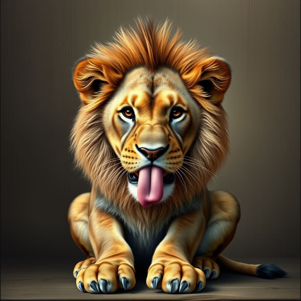 photorealism. a lion, sitting, doing duck face with its lips. plain wood panel bg