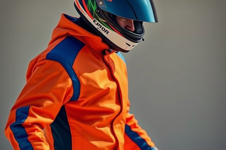 Generate a high-resolution image of a dynamic abstract figure in an orange and blue racing suit with a helmet, captured with a Sony A7R IV at f/2.8, using a 35mm lens, with a shutter speed of 1/250s, in natural light to enhance vibrancy and details.