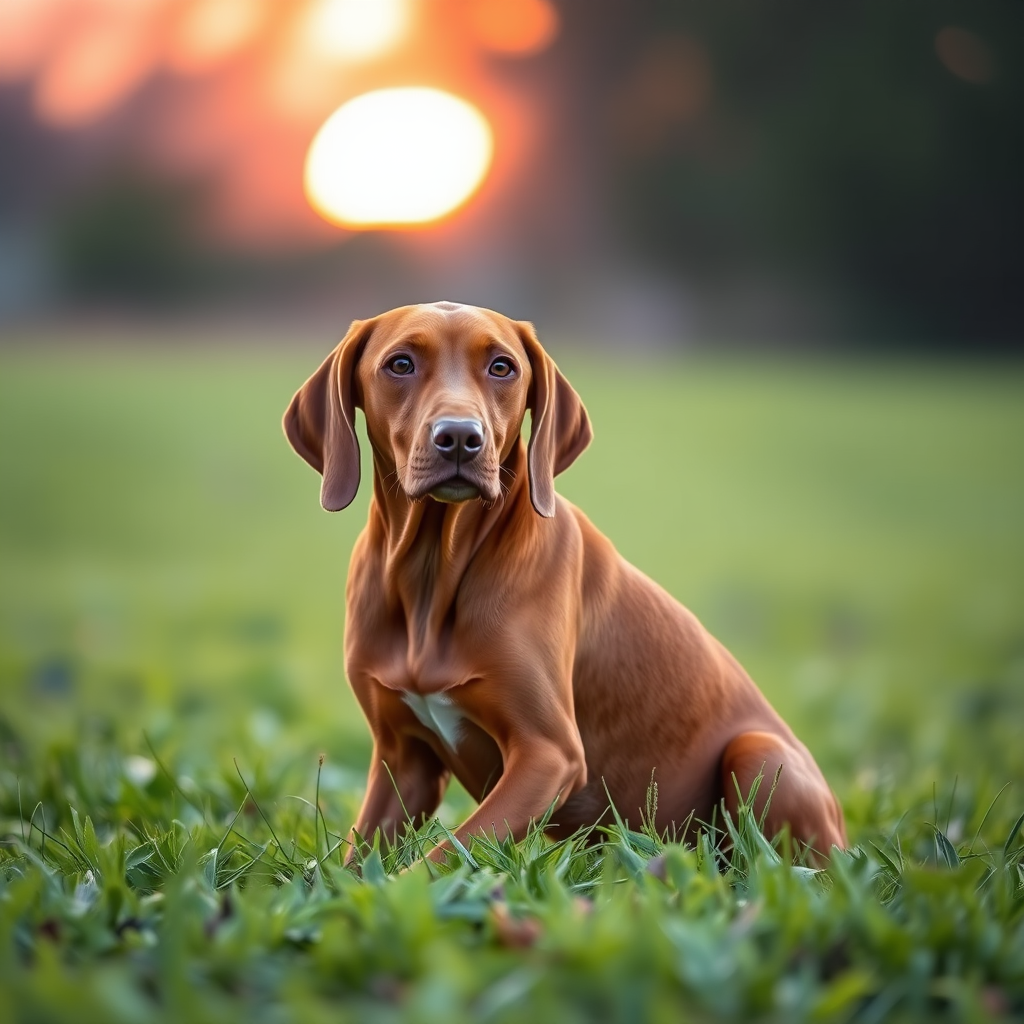 A Vizsla dog sitting calmly on a grassy field during sunset, with a soft focus background, shot with a Canon EOS R5, 50mm lens, f/1.8 aperture, ISO 200, shallow depth of field, and natural lighting to enhance colors and detail.