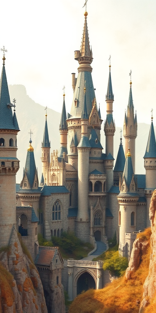 Generate a high-resolution image of a fantasy castle landscape with intricate towers and spires, using a 50mm lens, f/8 aperture, ISO 100, shot from a slightly elevated view in soft natural lighting, incorporating watercolor textures and warm earth tones.