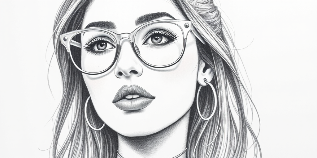 hot mia khalifa, pencil sketch, portrait of beautiful woman 60s in glasses, hair style beatnik, outline, clear lines, fine lines, 8k