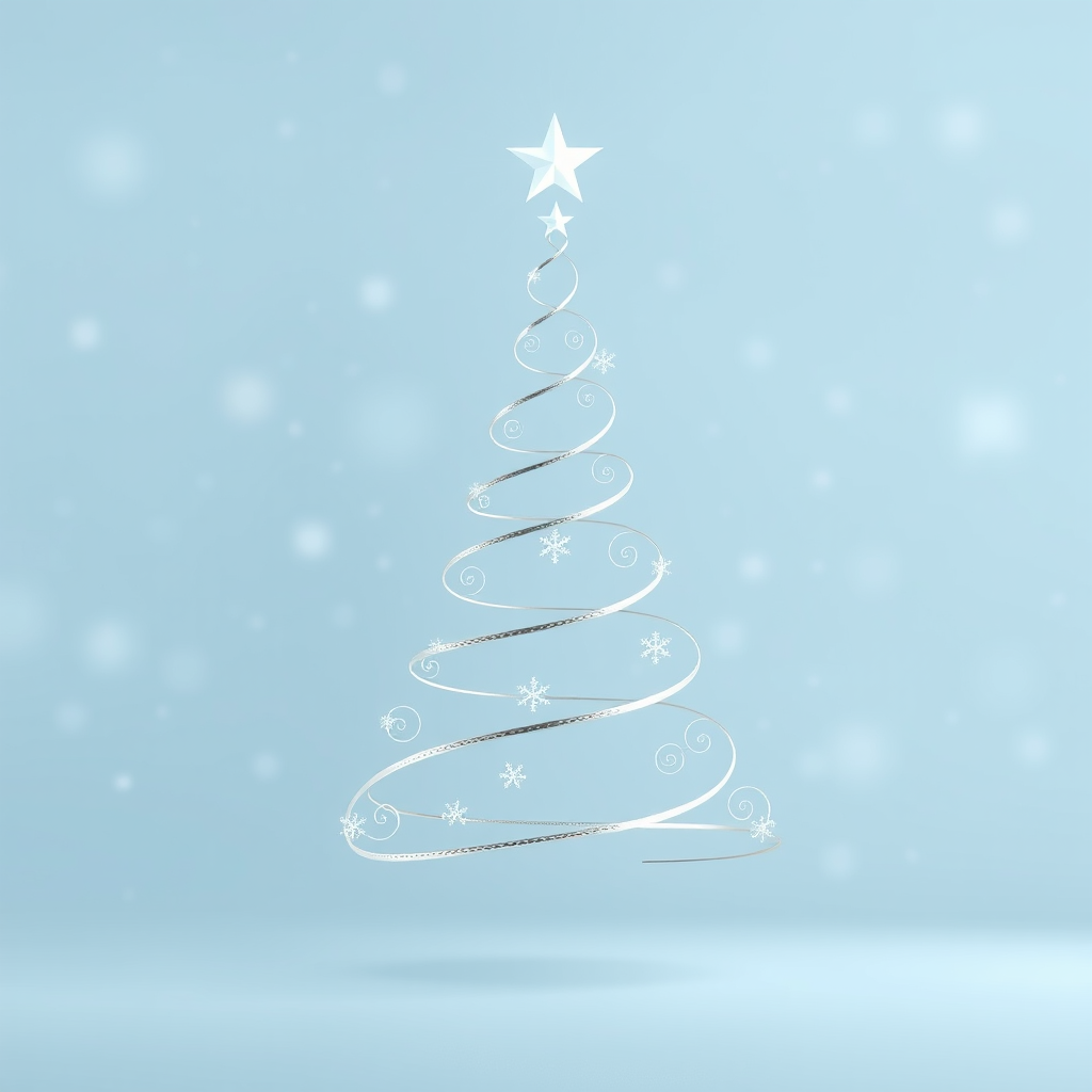 Create a minimalist Christmas tree design featuring silver spirals and stars against a soft blue background with falling snowflakes. The tree should have a modern and elegant look, with a star on top and a smooth, reflective surface. The overall atmosphere should be serene and festive.