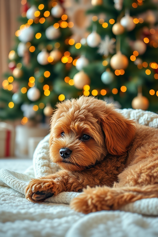 Generate an image of a fluffy brown dog relaxing on a cozy white blanket. The background features a beautifully decorated Christmas tree with soft, glowing lights. The setting should feel warm and festive, capturing a peaceful holiday atmosphere.