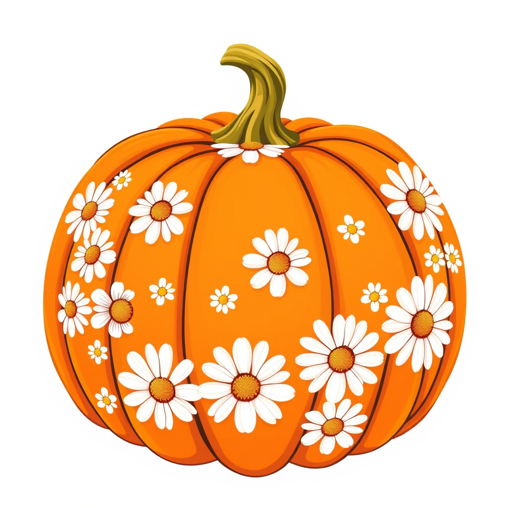 a whimsical orange pumpkin with white daises pattern covering the pumpkin. Solid white background sublimation vector 3000dpi 32k
