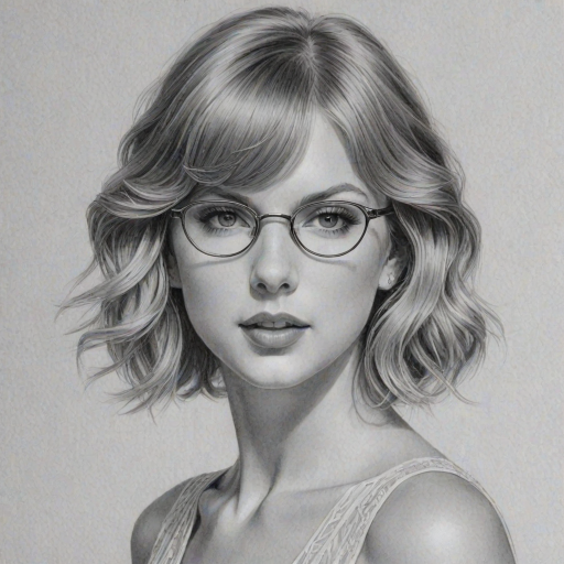 Exquisite Taylor Swift, pencil sketch, portrait of Radiant woman 1922s in glasses, hair style beatnik, outline, clear lines, fine lines, 8k