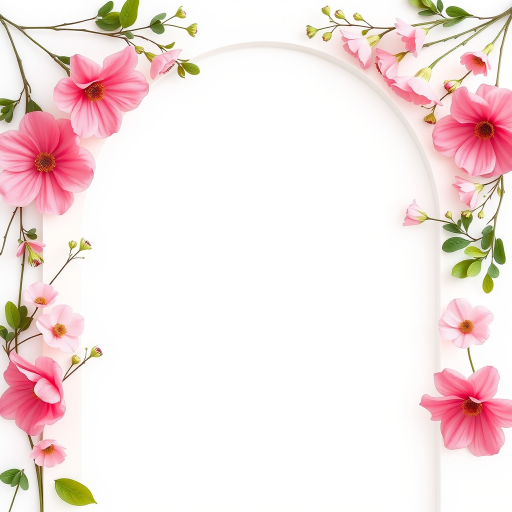 generate an illustration of a floral frame featuring pink and green flowers arranged around an arched white background, using a Canon EOS R with a 50mm lens, aperture set to f/2.8, ISO 100, soft natural lighting, and a minimalistic style