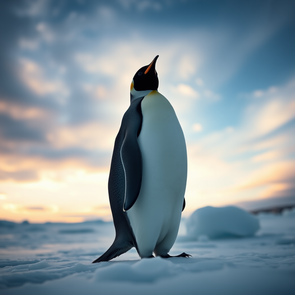 emperor penguin standing on ice with a dramatic sky, shot with a Canon EOS R5 at 50mm f/1.2, ISO 100, 1/200 sec, low angle view, natural light, high dynamic range for enhanced color and detail