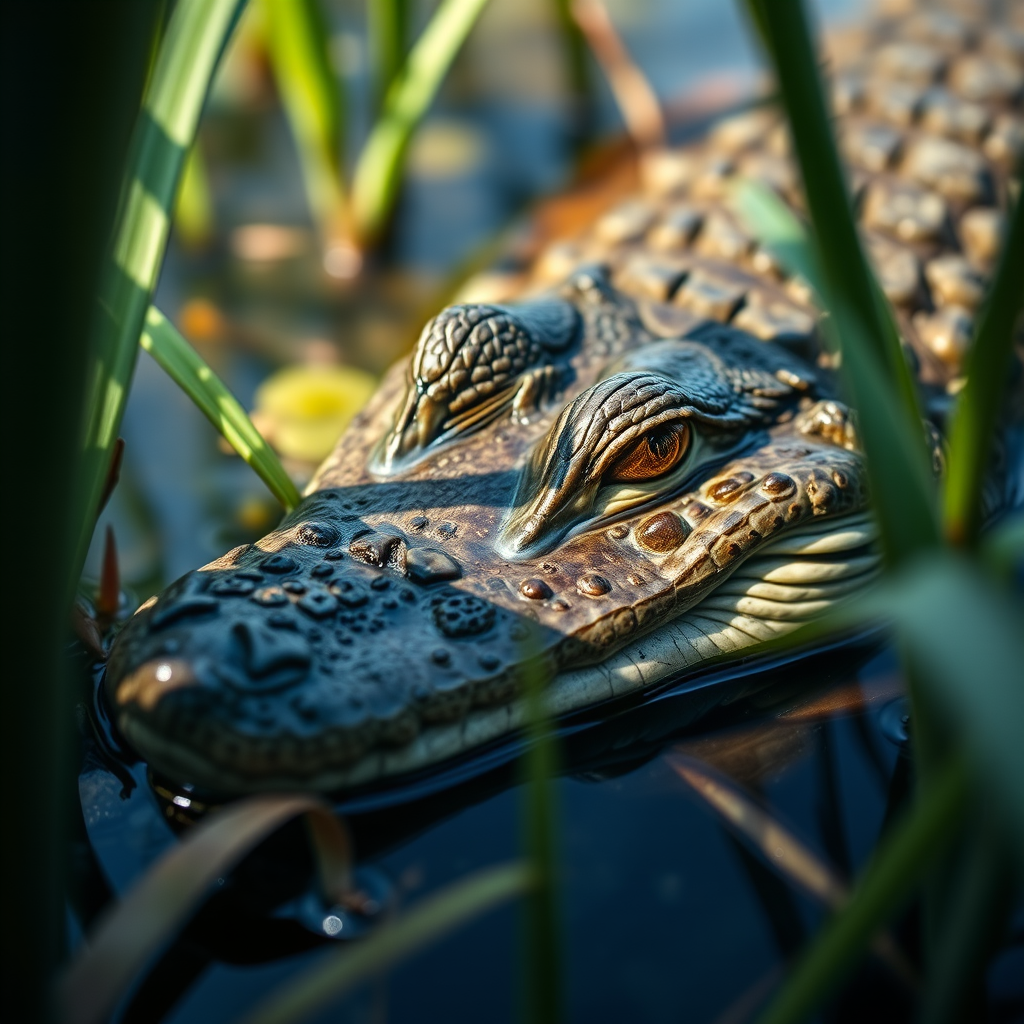 Capture a close-up image of a crocodile resting among aquatic plants, using a macro lens, F/4 aperture, 1/500 sec shutter speed, ISO 200, natural light, and a shallow depth of field for enhanced detail.