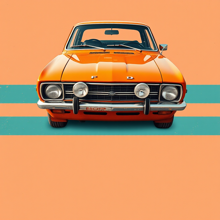Capture a vintage-style graphic design of a classic orange Ford Escort from 1970-1975, centered with a retro color palette of stripes in teal and peach, with a weathered texture, using a DSLR camera at f/8 aperture, 1/250 shutter speed, ISO 100, shot from eye level with a focus on vibrant colors and details, in portrait orientation.