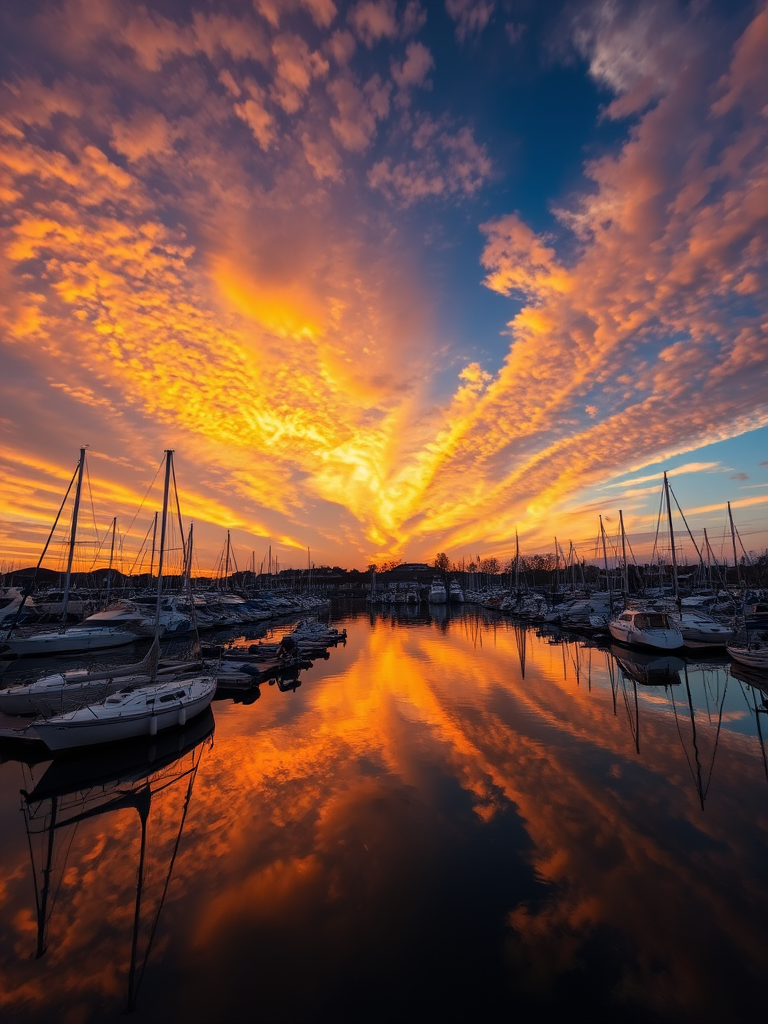 vibrant sunset over a marina with boats docked, reflection in calm water, capture the intricate cloud textures and colors in the sky, Nikon D850, 24mm, f/8, ISO 200, HDR mode, wide-angle view