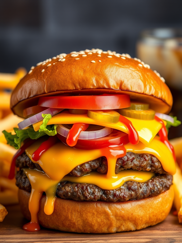 High-resolution, close-up image of a gourmet double cheeseburger. The burger features a glossy, sesame-seed-topped brioche bun. Inside, there are two thick, juicy beef patties, each topped with melted cheddar cheese. The burger is garnished with fresh lettuce, tomato slices, diced onions, and pickles. A generous amount of ketchup and a creamy, orange-colored sauce is dripping down the sides, adding to the mouth-watering appeal. In the background, there are blurred elements including a side of golden French fries and a hint of a beverage, enhancing the overall presentation of a delicious meal.
