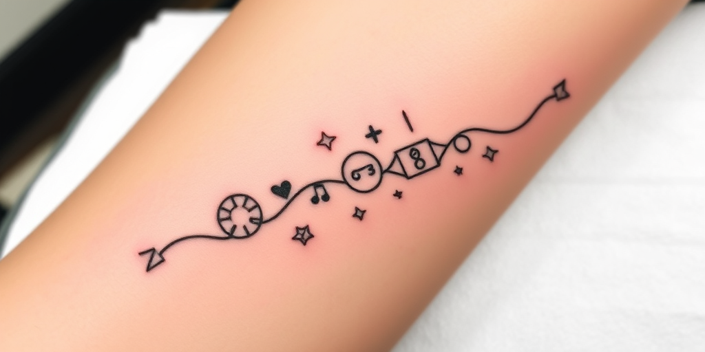 Minimalist single line tattoo named "Continuous Journey" using one unbroken line to create a flowing design of interconnected symbols and shapes representing life's path