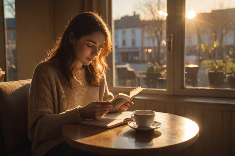 Softly lit image of a woman sitting alone at a cafetable, reading a book in the late afternoon light, with a cup of tea steaming beside her and the soft glow of the setting sun illuminating the scene.