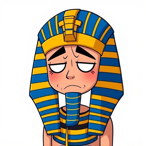 Create a digital illustration of a cartoonish pharaoh with a sad expression, wearing a blue and yellow striped headdress, set against a simple background, captured with a DSLR camera, 50mm lens, f/2.8 aperture, ISO 100, and a soft focus effect to enhance the overall image quality.