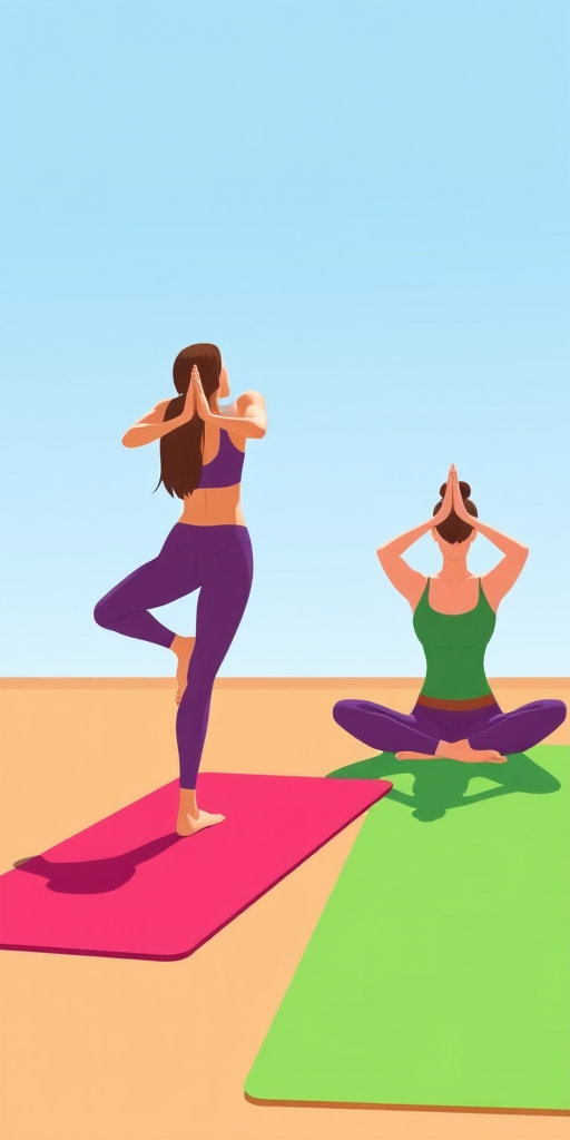 Generate an illustration of two women practicing yoga on colorful mats, one in a standing pose on a red mat and the other in a seated pose on a green mat, use a digital art style, set the canvas size to 1920x1080 pixels, and simulate a soft focus lens effect with bright, vibrant colors.