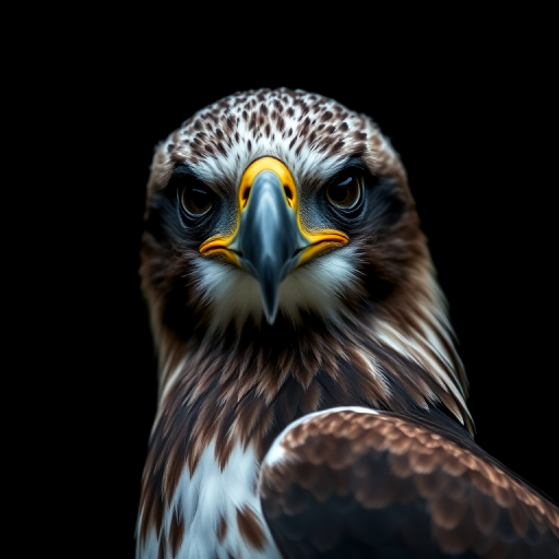 Capture a close-up portrait of a fish eagle with a rich, dark background, using a DSLR camera, 85mm lens, aperture f/2.8, ISO 200, and a shutter speed of 1/500 seconds to enhance the sharpness and detail of the feathers and eyes.