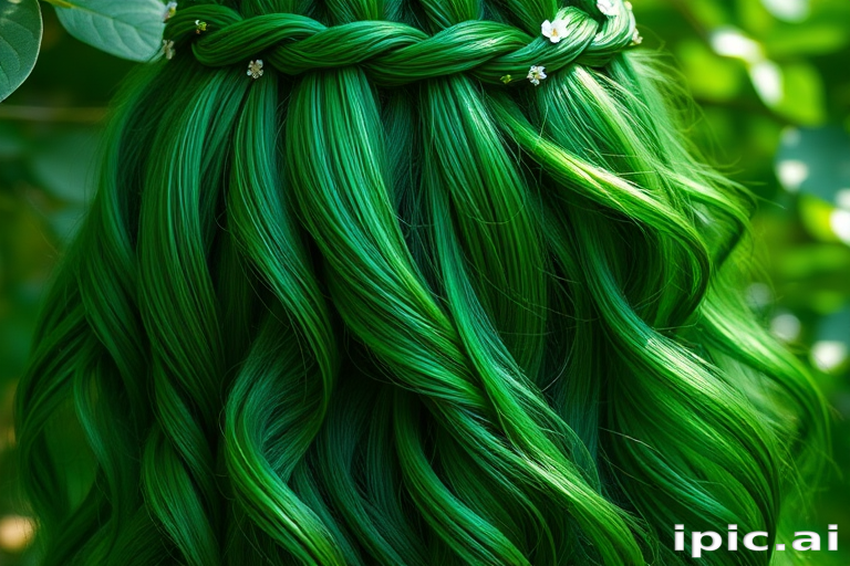 Lush emerald green hair cascades down in glossy, mermaid-like waves, creating the enchanting "Forest Nymph" style. Subtle lighter green highlights mimic dappled sunlight filtering through leaves, while small, delicate flowers are woven throughout the hair. A waterfall braid crowns the head, adding an ethereal touch to this nature-inspired look.