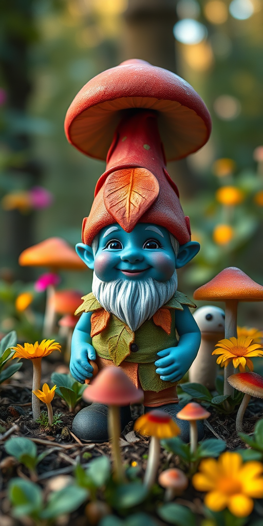 Create a whimsical forest scene featuring a cheerful blue-skinned gnome with a large mushroom cap, wearing leaf attire and standing among vibrant flowers and mushrooms, captured with a Canon EOS R5 at f/2.8, ISO 100, 50mm lens, shallow depth of field, and warm natural lighting.