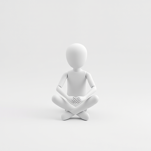 Create a 3D render of a minimalist humanoid figure sitting with legs crossed, using a Canon EOS R5 with a 50mm lens, aperture f/1.8, ISO 100, and a soft diffused backlight, with a clean white background for a high-quality visual effect.