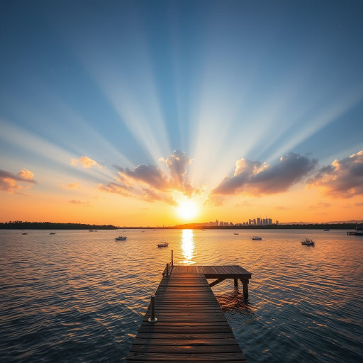 photograph of a tranquil sunset over a lake with sun rays piercing through clouds, wooden pier extending into the water, city skyline in the background, f/11 aperture, ISO 100, 1/125 second shutter speed, wide-angle lens, DSLR camera, golden hour lighting