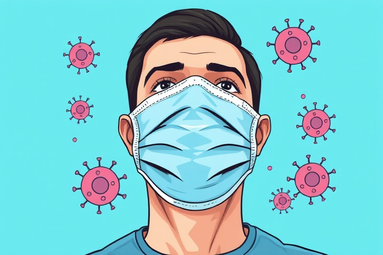 Create an illustration of a man wearing a light blue surgical mask with a plain background in turquoise, add floating virus icons around him, using a digital drawing style, with a resolution of 300 DPI, a view at eye level, and a focus of f/4 to enhance sharpness.