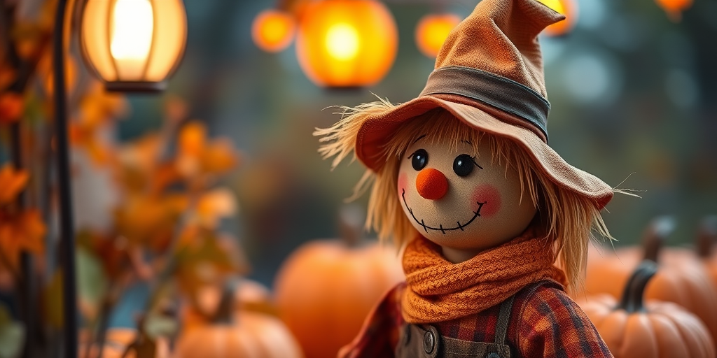 Create a whimsical autumn scene featuring a friendly scarecrow with a pumpkin-themed background, capturing soft, glowing lantern light, shot with a DSLR camera at f/2.8 for a shallow depth of field, ISO 100, 50mm lens, and a warm color palette to enhance the cozy atmosphere.