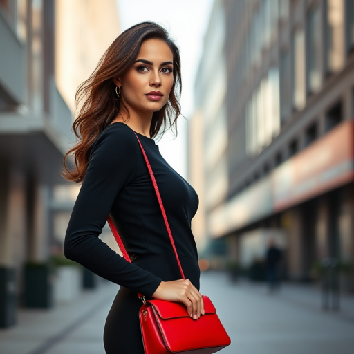 Portrait of a woman standing confidently in an urban setting, wearing a fitted black outfit and holding a red handbag, captured with a Canon EOS R5, 85mm lens, f/1.8 aperture, ISO 100, natural sunlight for a soft glow, focusing on depth of field and sharp details.