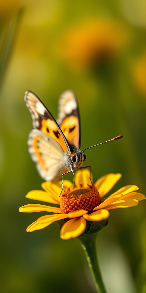 Capture a close-up image of a butterfly perched on a yellow flower with a softly blurred background, using a macro lens, aperture f/2.8, shutter speed 1/200, ISO 100, with natural lighting conditions for vibrant colors and depth.