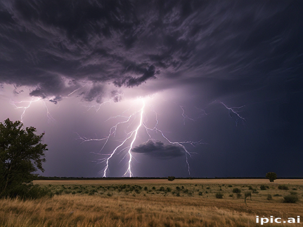Majestic Lightning Strikes Illuminate the Dark Stormy Sky Over Vast Plains