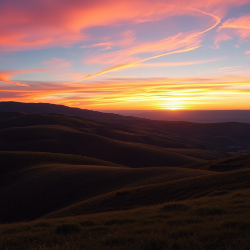 Generate a high-resolution image of a serene landscape featuring rolling hills and a sunrise with vibrant colors, shot with a Canon EOS 5D Mark IV, 24mm lens, aperture set to f/8, ISO 100, in landscape orientation, using a soft focus style.
