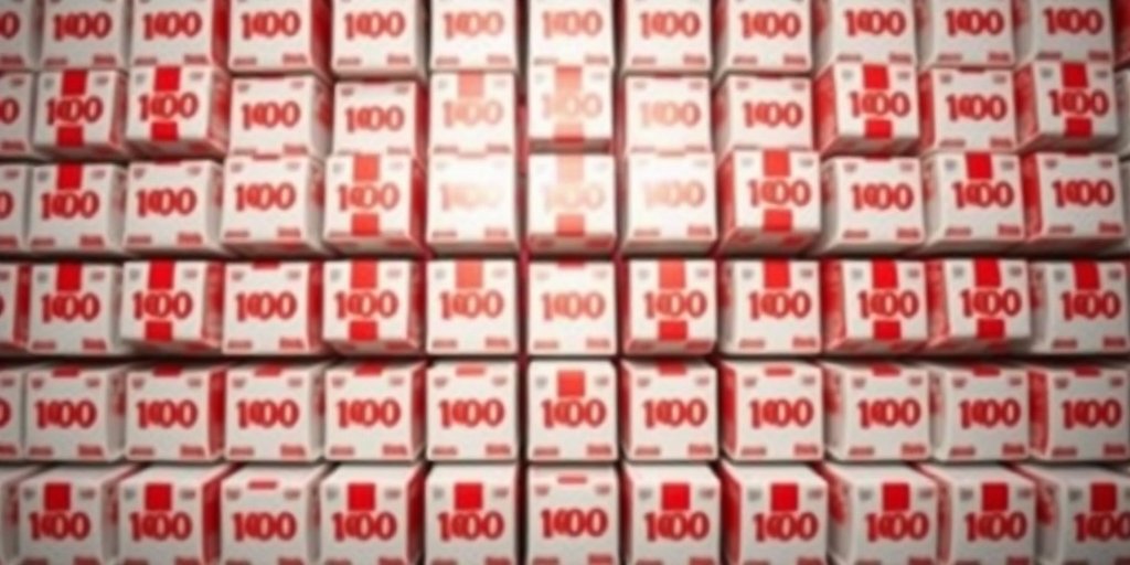 Generate an image of a grid pattern featuring red and white snack boxes labeled "1000," with 4 rows and 4 columns, using a high-resolution camera at 24mm focal length, f/8 aperture, ISO 100, top-down view, in a brightly lit environment.