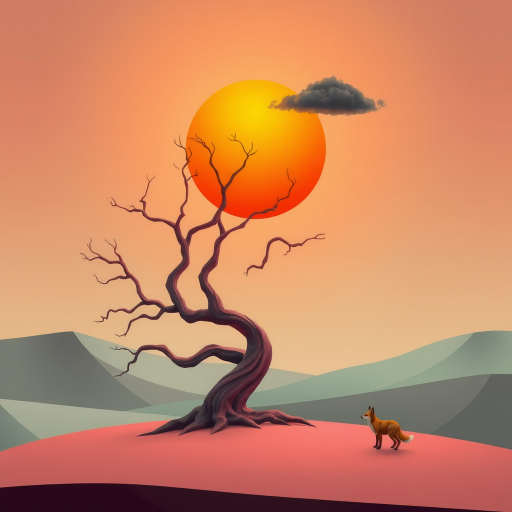 3D Geo-abstract landscape pastel muted colours. abstract tree with twisted contorted trunk. round vivid orange opaque sun in sky with single dark cloud. tiny fox. Topaz Look filter applied plus Topaz edge. Generative fill with some objects in PS.