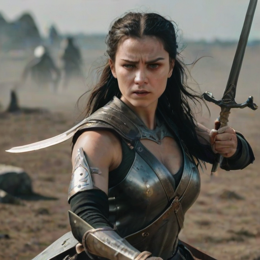 portrait of a Woman, she is in a combat stance holding two swords in each hand, she is in the middle of a battlefield