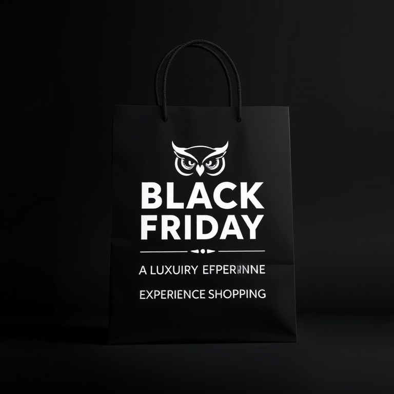 create a premium quality image of a shopping bag featuring an owl logo with the text "BLACK FRIDAY A LUXURY SHOPPING EXPERIENCE" and "EXPERIENCE SHOPPING" on a dark gradient background, use a DSLR camera with a 50mm lens, aperture f/1.8, ISO 200, 1/200 sec shutter speed, and soft diffused lighting for clarity and depth.