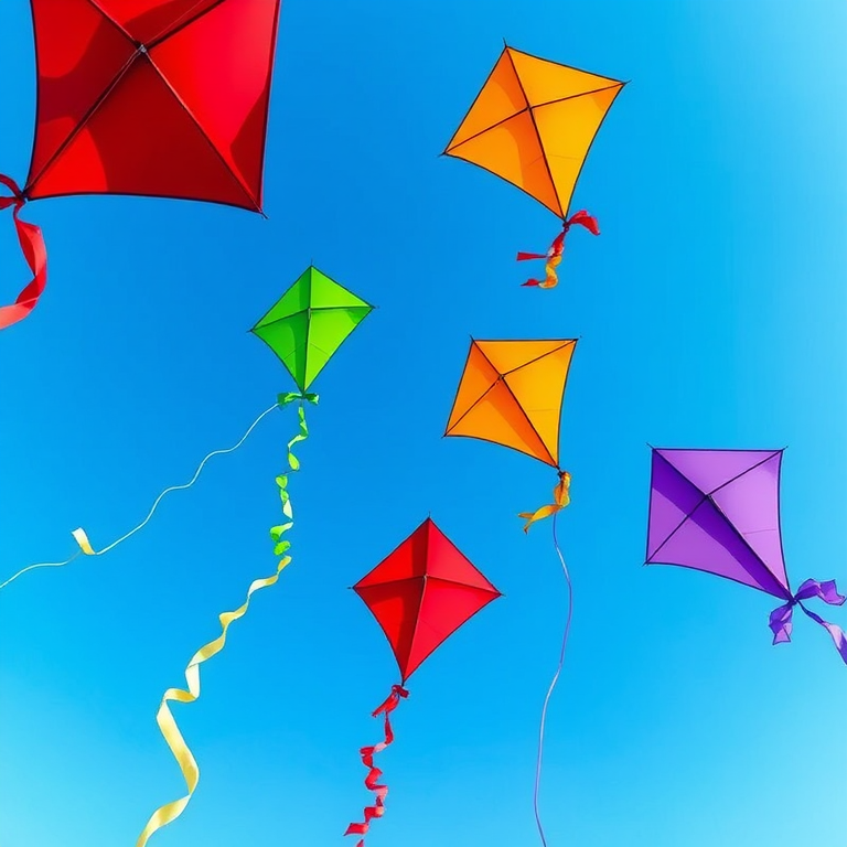 Create an illustration of colorful kites in a clear blue sky with a focus on four kites in red, green, orange, and purple, using a DSLR camera at f/5.6 aperture, 1/250 shutter speed, ISO 100, with a wide-angle lens capturing from a low angle to enhance depth and vibrancy.