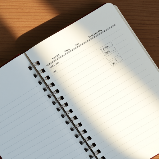 Create a high-resolution image of an open notebook with lined pages, showing a spiral binding, with dates and verification sections, shot with a Canon EOS R5 at f/4, ISO 100, 1/125s, top-down view, natural lighting.