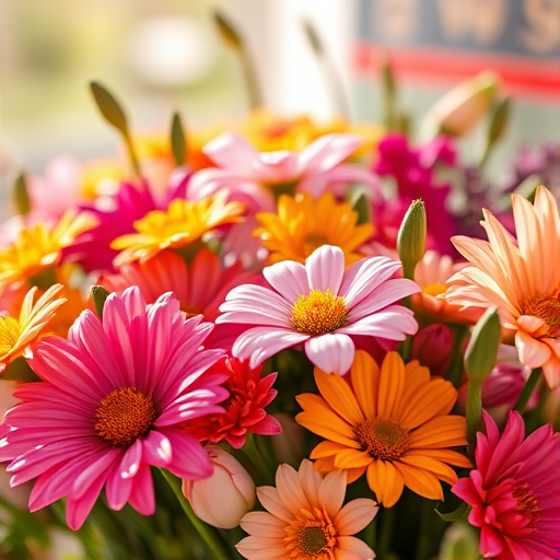 Create a high-resolution image of a close-up floral arrangement featuring vibrant flowers in natural sunlight, shot with a Canon EOS 5D Mark IV, 50mm lens, aperture f/1.8, ISO 100, shallow depth of field, focus on foreground flowers.