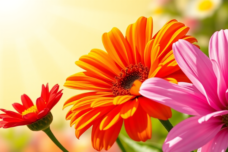 Create a vibrant illustration of three flowers, one red, one orange, and one pink, featuring detailed petals and a sunny background; use a macro lens at f/2.8 aperture, 1/200 shutter speed, ISO 100, with a focus on color saturation and clarity, in a digital art style.