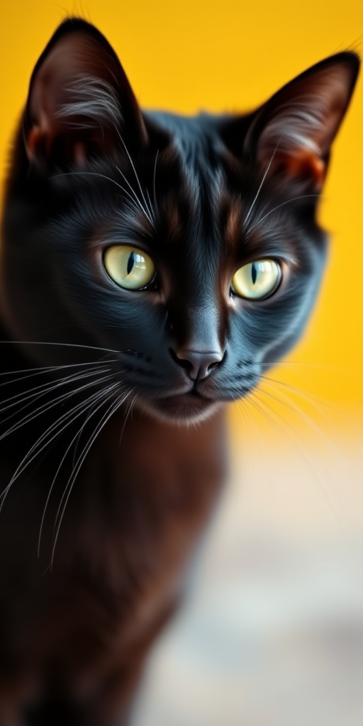 black cat portrait with a blurred yellow background, aperture f/2.8, shutter speed 1/500s, ISO 200, taken with a DSLR camera in portrait mode, natural lighting
