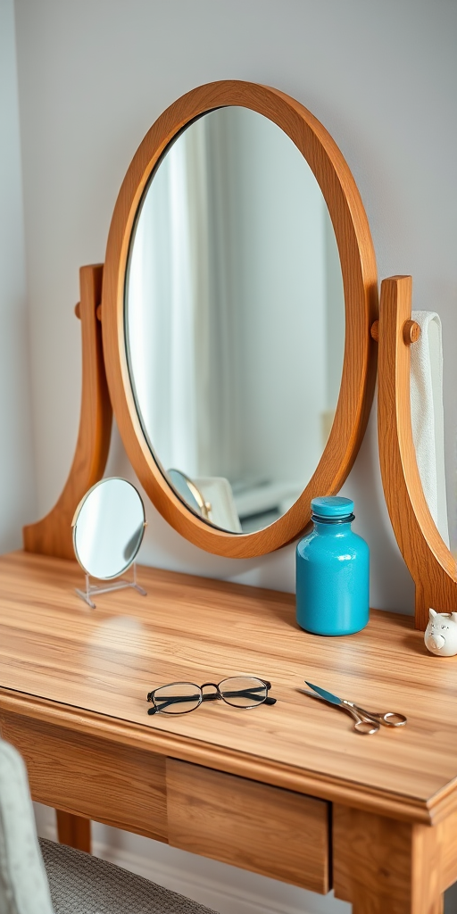Create a high-resolution image of a wooden vanity table with an oval mirror, a small round mirror, a blue decorative container, glasses, a pair of scissors, and a small figurine, situated in a well-lit modern room with soft diffused lighting, using a DSLR camera, f/2.8 aperture, 50mm lens, ISO 100, and an eye-level view for maximum detail and clarity.