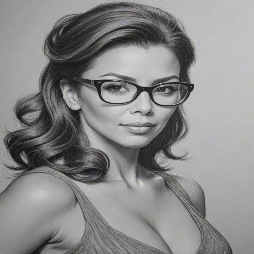 Exquisite Eva Longoria, pencil sketch, portrait of Ravishing woman 1950s in glasses, hair style beatnik, outline, clear lines, fine lines, 8k