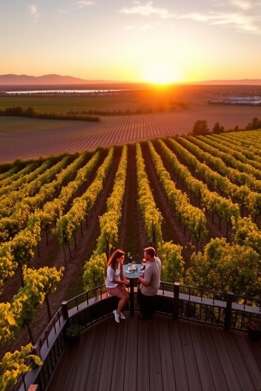 Picturesque vineyard during the golden hour, with rows of grapevines stretching into the distance, a couple enjoying a wine tasting on a rustic terrace, surrounded by natural beauty.
