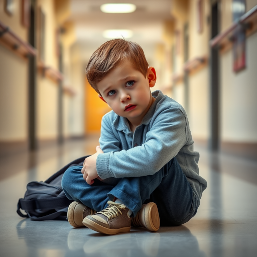 A young boy sitting on the floor of a school hallway, hugging his knees with a worried expression, backpack beside him, natural lighting, 50mm lens, f/1.8 aperture, ISO 200, soft focus background, shallow depth of field, shot with a full-frame DSLR.