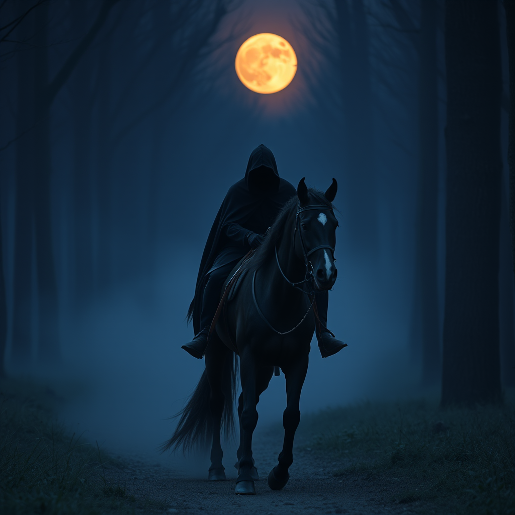 A mysterious figure cloaked in black riding a sleek black horse through a dark, foggy forest under a full moon, captured with a Canon EOS R5, 50mm lens, f/1.8 aperture, ISO 200, at dusk for enhanced contrast and detail.