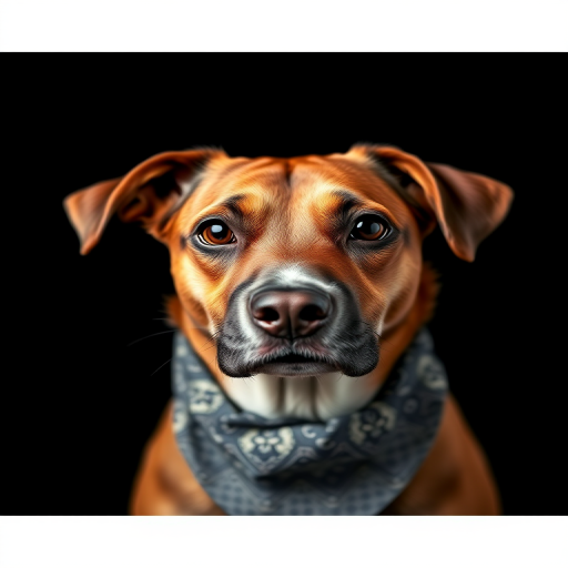 A close-up portrait of a dog with a focused expression, wearing a patterned bandana, taken with a DSLR camera at f/2.8, ISO 100, 85mm lens, softbox lighting on a dark background, shallow depth of field for enhanced detail and contrast.