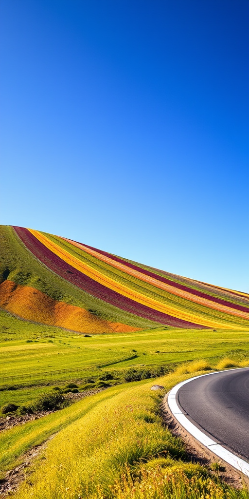 Regenerate the image of a colorful striped hill beside a curved road under a clear blue sky with enhanced details, using a DSLR camera with a 24mm lens at f/8, ISO 100, shutter speed 1/200s, landscape orientation.