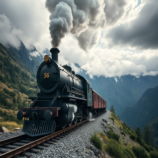 Create a highly detailed image of a vintage steam locomotive chugging along a scenic mountain track with dramatic clouds and smoke, using a DSLR camera with a 50mm lens, aperture f/1.8, ISO 100, shutter speed 1/500s, capturing a dynamic angle from slightly below the train to emphasize its grandeur.