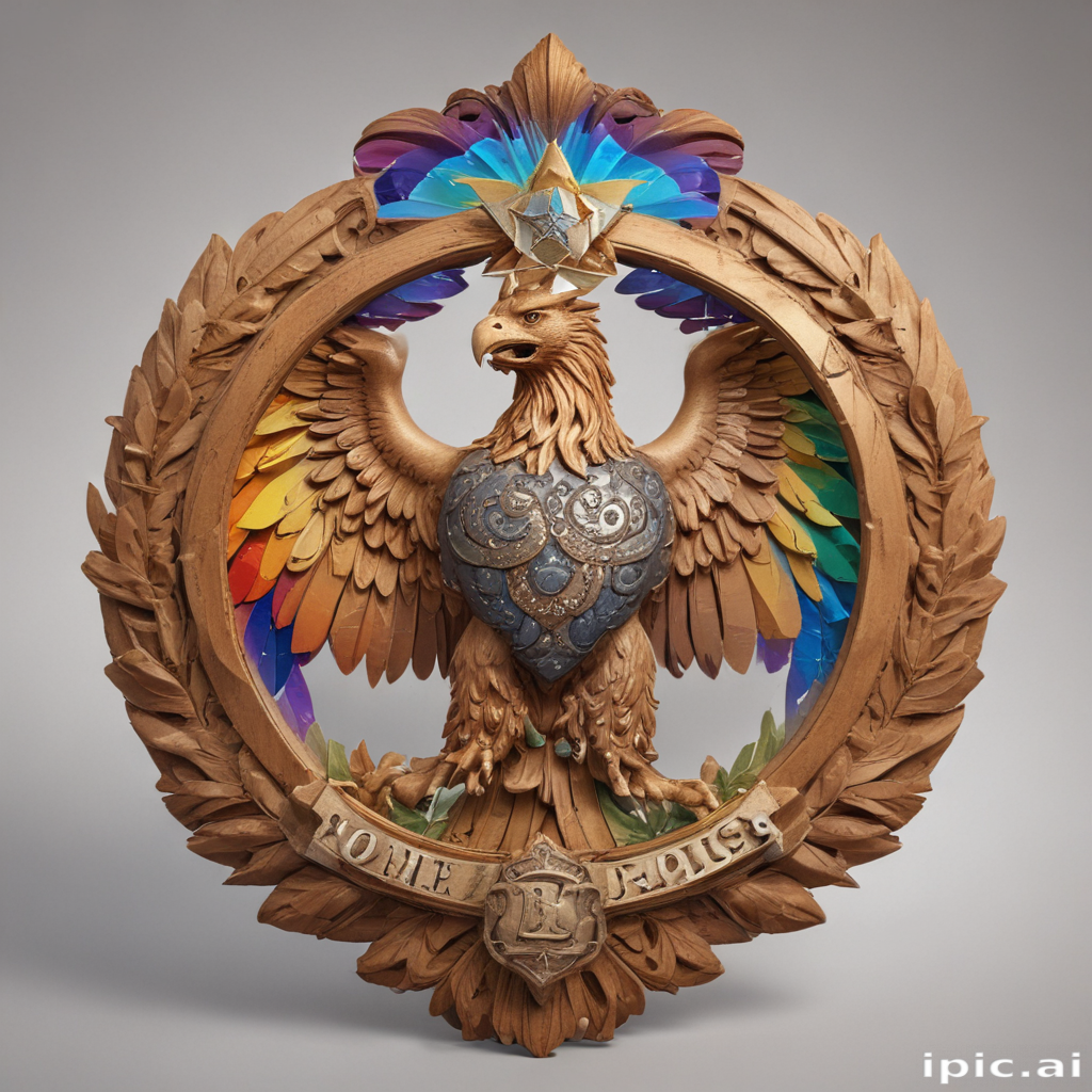 Intricate Wooden Carving of an Eagle with Colorful Details and Emblem