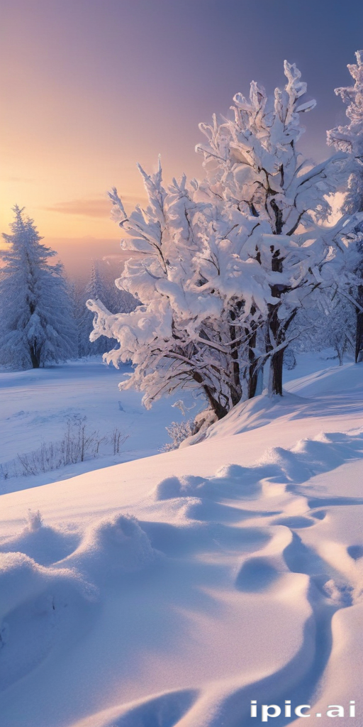 Serene Winter Landscape with Snow-Covered Trees Under a Colorful Sunset